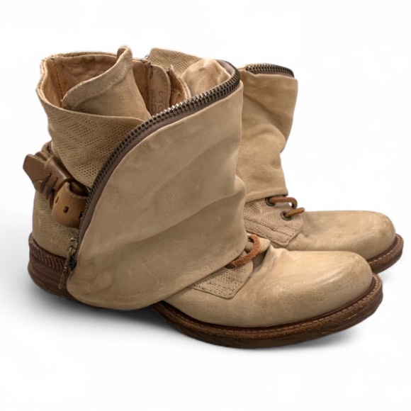 A.S.98 Shoes - A.S. 98 Wasteland Cream Fold Over Leather Ankle Combat Boots Size 38